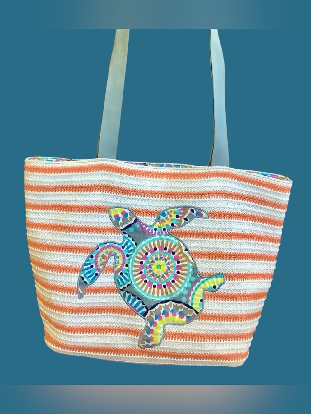 Vera Bradley Striped Orange and White Tote Bag with Colorful Turtle Accent. NWT